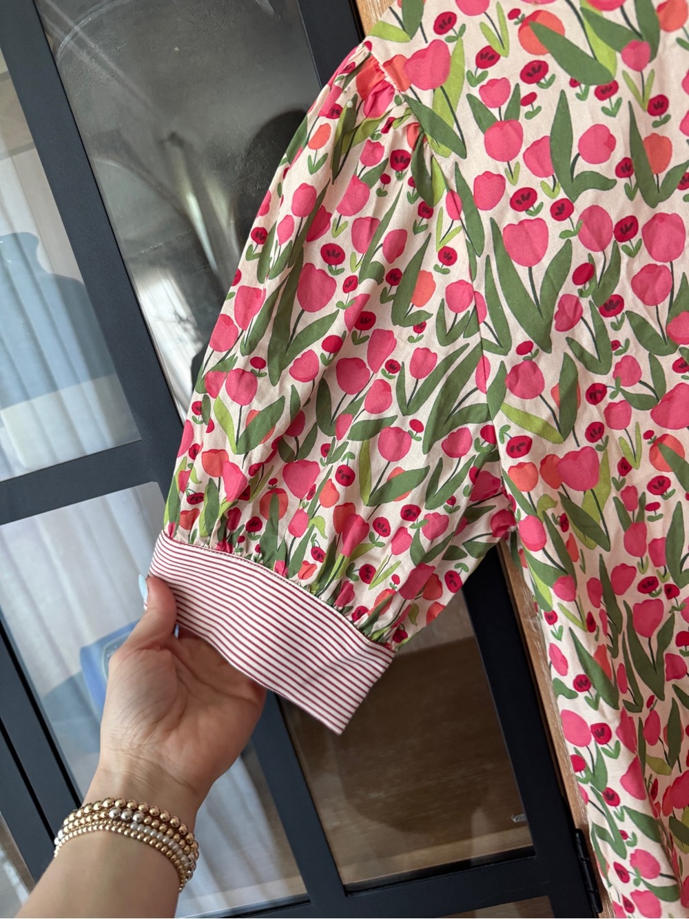 NWOT Jodifl ruffle mockneck Floral print tulips Button-Up Puff Sleeve Top Stripe - Picture 5 of 10